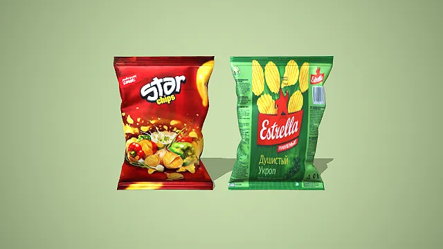 Star chips 蔬菜味与 Estrella 莳萝味薯片包装组合展示图