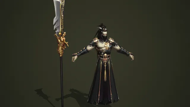 暗黑系邪魅武将配鎏金长柄刀角色模型