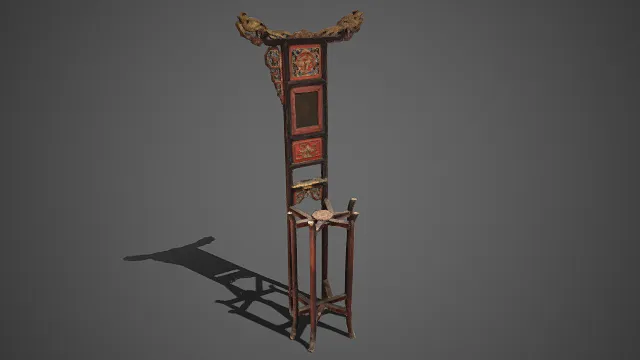 中式传统立式面架  红褐漆木  多层装饰板  镂空花纹  浮雕图案  雕工细腻  装饰美学