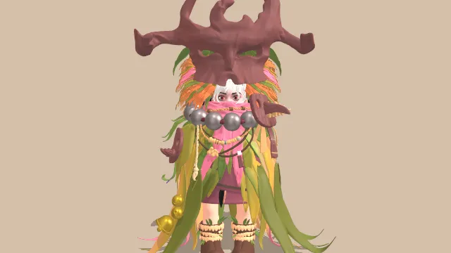 小孩伪装成根形状树叶木头面具角色