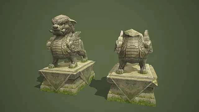 古风武侠风格带座石狮子游戏场景模型
