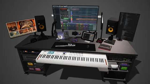 工作台  专业音频制作  显示器  监听音箱  麦克风  键盘  软硬设备结合  功能齐全  布局紧凑