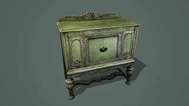 3D卡通风格绿棕金系复古边柜模型，创意设计（3D边柜、卡通风格、卡通复古风，边柜设计主题）