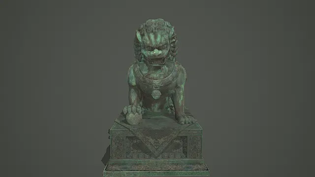 国风镇宅风格青铜石狮摆件 3D 模型