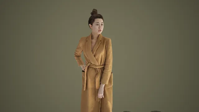 高级质感驼色系带大衣女性秋冬通勤形象 3D 模型
