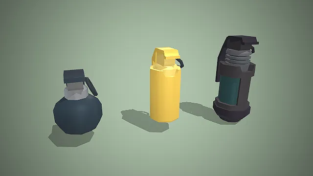 一个低多边形卡通风格的3D战术投掷物模型组合