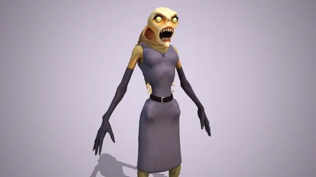 骷颅骨架披着一位穿紫裙子女人的皮