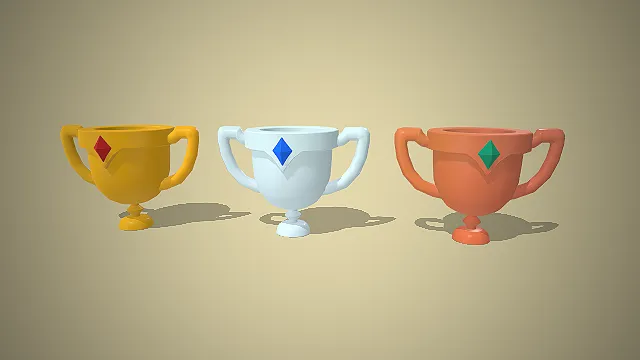 一套低模多边形风格的游戏奖杯模型，包含金、银、铜三款