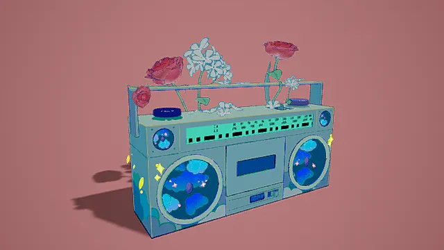 奇幻风格插画复古收音机3D模型，创意设计（奇幻插画、复古收音机、多彩花朵、粉色背景、趣味装饰、新颖设计 ）