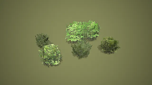 卡通风格多形态灌木组合 3D 低多边形户外绿化场景装饰模型