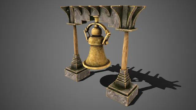 写实风格  青铜钟  石质立柱  黄铜色泽  斑驳质感  报时警示  古朴厚重  寺庙庭院场景