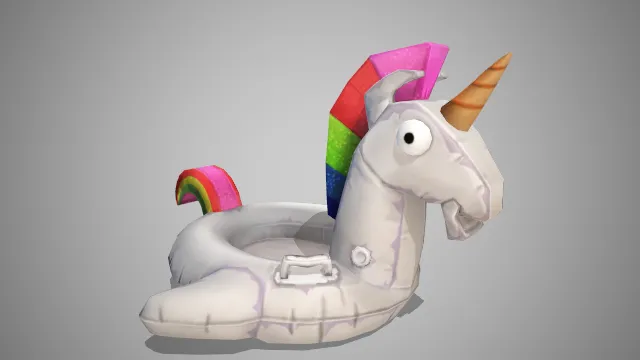 独角兽形状的游泳圈，独角兽背上有着彩虹颜色的毛发