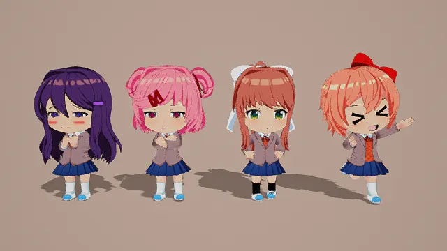 3D卡通风Q版少女组合模型，创意设计（3D Q版少女、卡通风格、活泼可爱，二次元主题，校园元素）