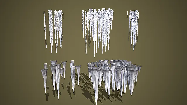 多组石质冰锥钟乳石组合洞穴冰雪环境装饰模型