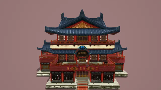 3D卡通风格中式多层店铺建筑模型，创意设计（3D建筑、卡通风格、雕花门窗、华丽市井，文化主题，物品元素）