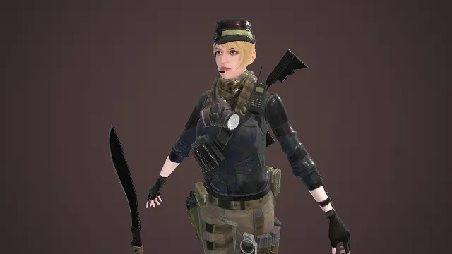 军事角色  战术多功能装备  紧身作战服  军风造型  游戏女角色  黑棕战装  利刃配枪