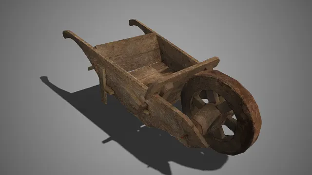 复古木质独轮车  车架  车斗与木轮  货运工具  单轮设计  传统手推车  农耕场景