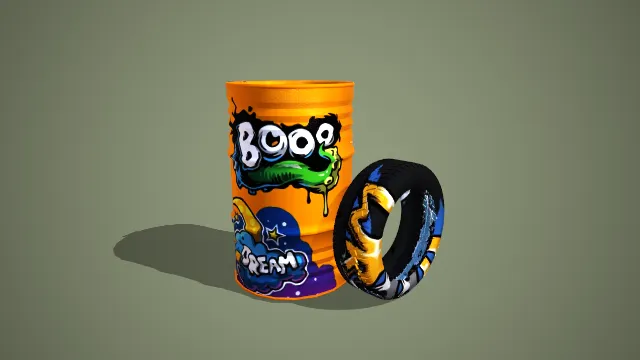 写实风格黄色涂鸦油桶与彩绘轮胎组合 3D 工业道具模型