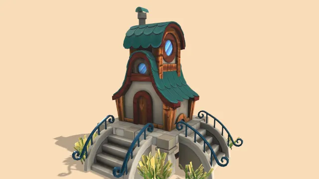 卡通风格化房子木屋场景建筑石头楼梯