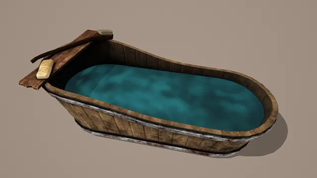 3D卡通风格棕蓝系复古木浴缸模型，创意设计（3D浴缸、卡通风格、复古生活风，游戏资产设计主题）