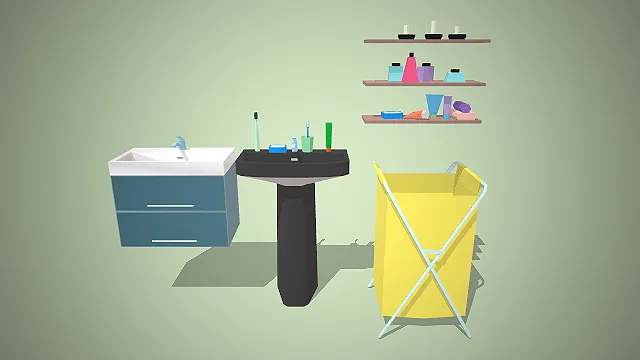 一组低多边形卡通风格的3D浴室洗漱区模型