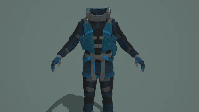   3D卡通风格蓝黑科技服装模型，创意设计（3D服装、卡通风格、未来科技风，服装设计主题）
