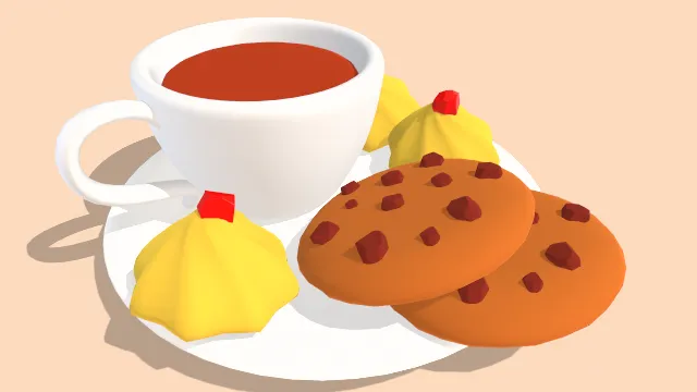 盘子上放着倒有茶的茶杯饼干甜点食物