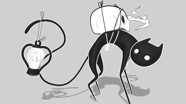 卡通风格化背着骷髅头的黑猫尾巴挂有灯