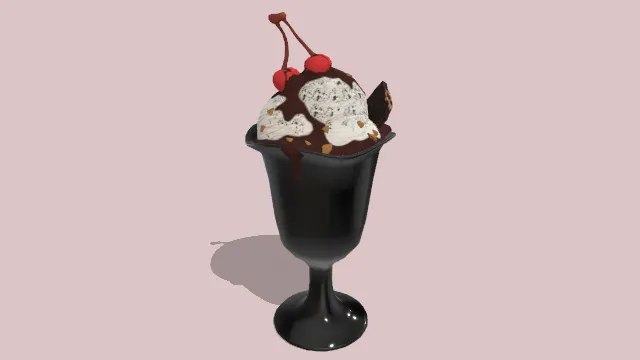 黑色高脚杯装的冰淇淋甜点有樱桃巧克力酱
