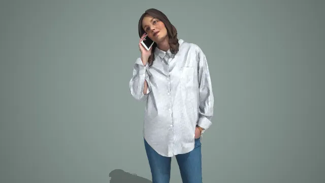 条纹衬衫配牛仔裤女性持手机站姿日常人物 3D 模型