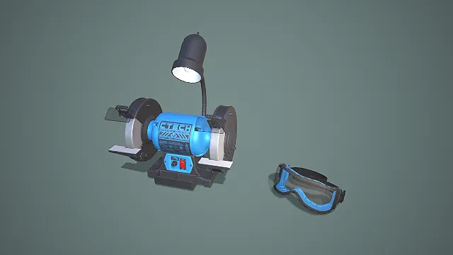 蓝调带灯砂轮机与防护眼罩组合打磨工具 3D 模型