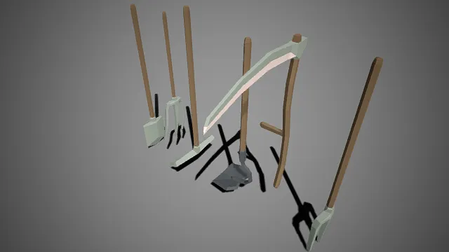 低多边形  田园农具  铲子、叉子、镰刀、锄头、耙子  金属器械头  简约几何化  农用设施  