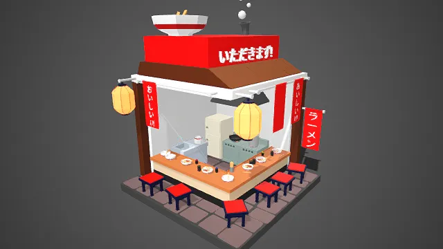 日式  拉面小馆  低多边形风  红顶灯笼  街边食店模型  市井风貌  简洁可爱