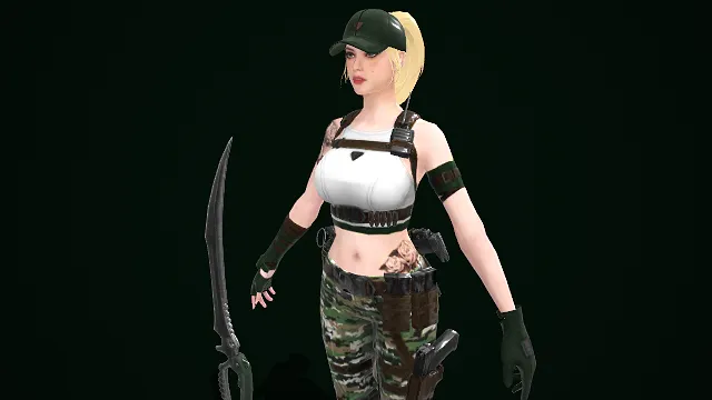 军风  迷彩裤装  特战女兵  战术装具  军绿配色  高马尾  干练  弯刀  野性气质  女佣兵