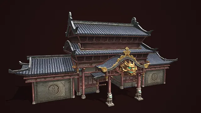 带兽首与石狮装饰的中式古风府邸建筑