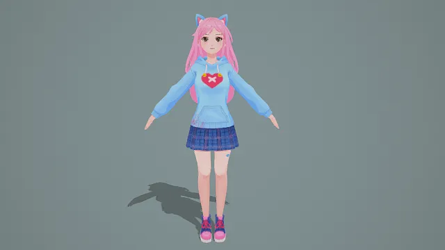 3D卡通风格粉蓝紫系猫耳少女角色模型，创意设计（3D角色、卡通风格、卡通萌系风，角色设计主题，物品元素）