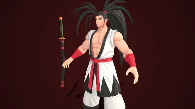 武士  男性角色模型  黑长发  无袖白武褂  红带束腰  长刀黑鞘红纹  刀剑格斗  热血武道