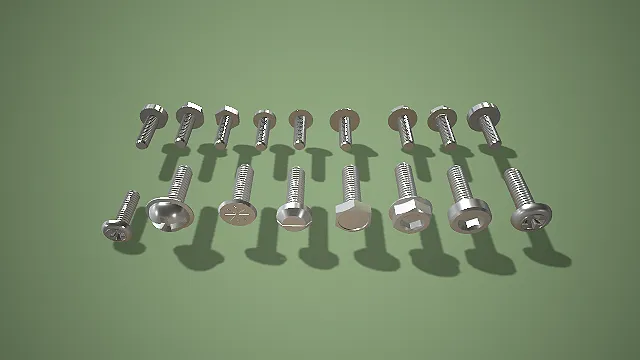 多规格头型螺丝组合 3D 低多边形工业零件场景装饰模型