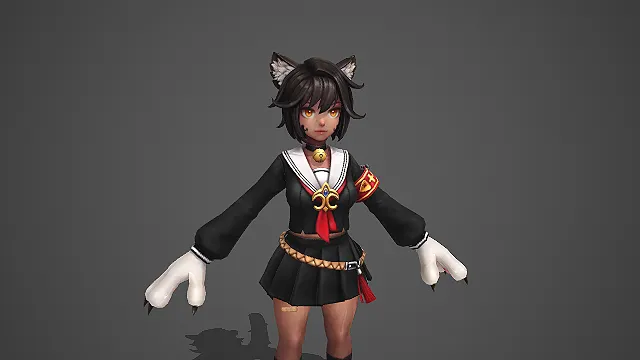 卡通 Q 版黑发猫耳学生风兽娘带利爪手套 3D 游戏角色模型