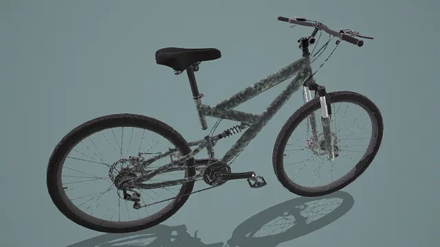 3D卡通风格迷彩山地自行车模型，创意设计（3D自行车、卡通风格、写实风，车辆设计主题）