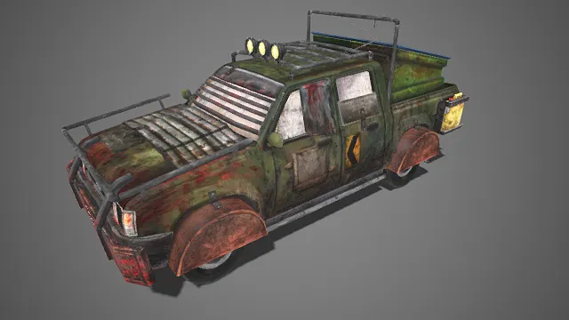 废土末日风格  改装皮卡  布满锈迹  粗糙  破败感  末日题材  生存载具