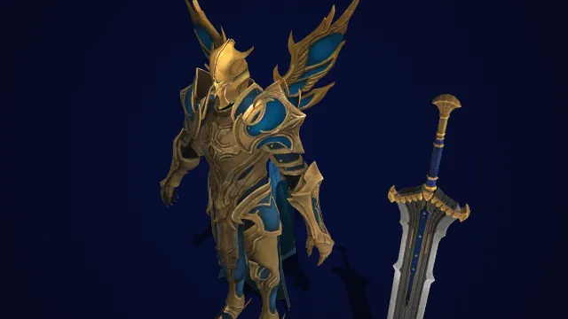 金蓝配色  羽翼形态  精致纹路  神圣高贵  长剑  羽翼元素  圣骑士形象