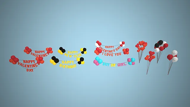 一套低模多边形风格的，节日气球装饰3D模型