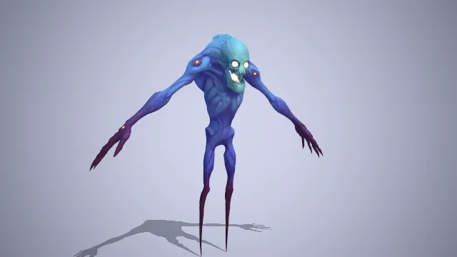 蓝紫色的细长条变异怪物，眼睛嘴巴发光