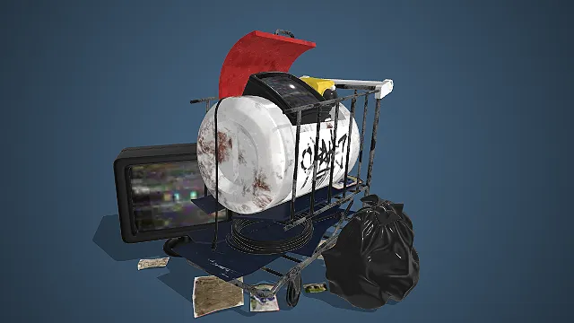 赛博朋克风格的装着故障屏幕的3D破旧购物车模型