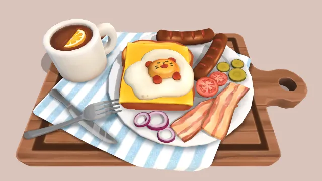 可爱的早餐有做成小熊样子的鸡蛋饼食物放在托盘里