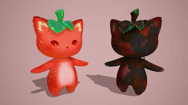 3D卡通风草莓猫双生角色模型，创意设计（3D草莓猫、卡通风格、红色草莓猫、黑色腐坏草莓猫、可爱奇幻、对比创意、萌系生物）