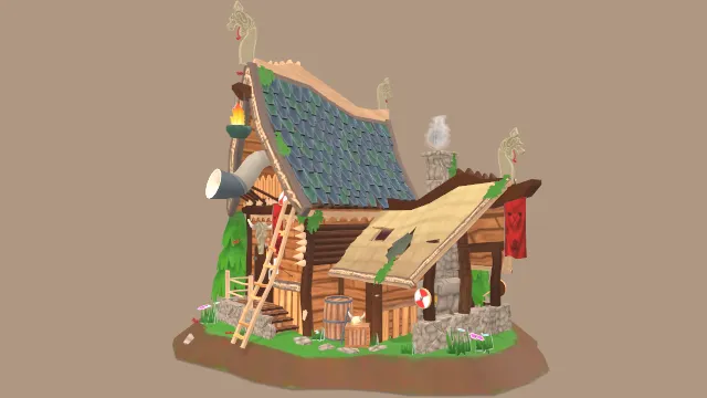 卡通风格化的游戏部落瞭望塔建筑房屋场景