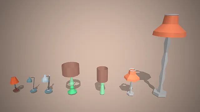 一组低多边形卡通风格的3D灯具模型集合