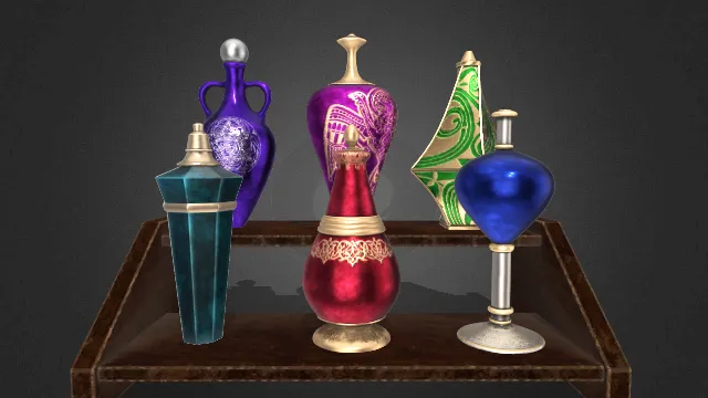 不同形状的金属药剂瓶放在木架子上